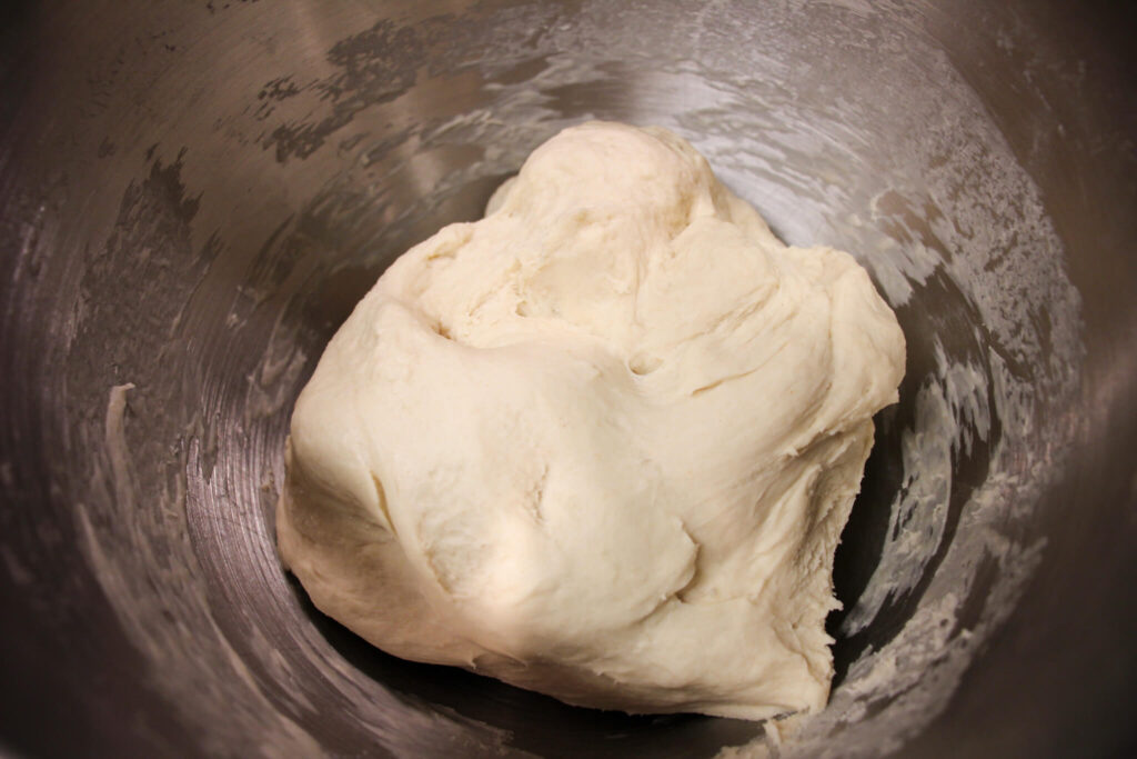 sourdough bagel dough in a mixer