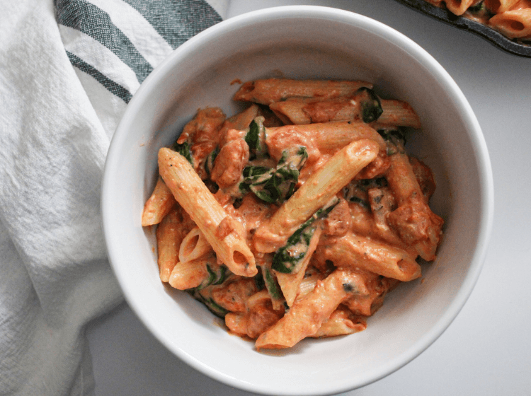 vegetarian penne rosa pasta in a white bowl
