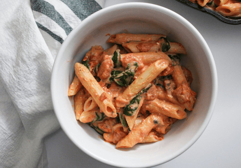 vegetarian penne rosa pasta in a white bowl